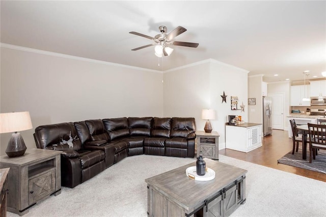 637 Little Bear Loop, Canton, GA 30114 - living area featuring a ceiling fan, ornamental molding, recessed lighting, light wood finished floors, and baseboards