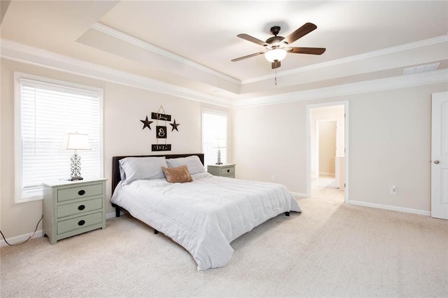 637 Little Bear Loop, Canton, GA 30114 - bedroom featuring ornamental molding, a tray ceiling, light carpet, baseboards, and a ceiling fan