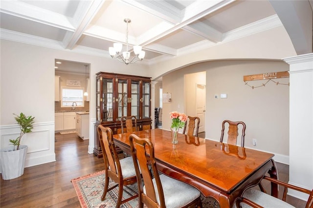 637 Little Bear Loop, Canton, GA 30114 - dining space with arched walkways, a chandelier, coffered ceiling, dark wood-style flooring, and beamed ceiling