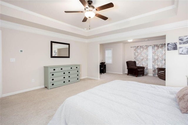 637 Little Bear Loop, Canton, GA 30114 - bedroom featuring a raised ceiling, light colored carpet, crown molding, baseboards, and a ceiling fan