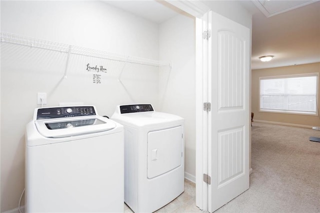 637 Little Bear Loop, Canton, GA 30114 - laundry room with washing machine and clothes dryer, light colored carpet, baseboards, and attic access