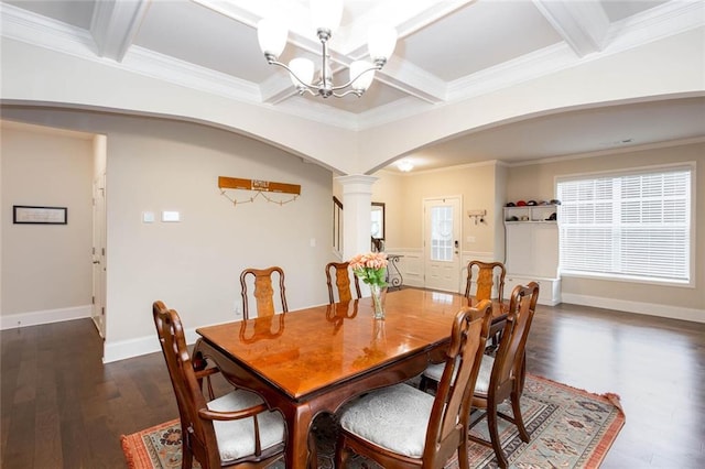 637 Little Bear Loop, Canton, GA 30114 - dining room with arched walkways, decorative columns, a chandelier, coffered ceiling, and dark wood-style floors