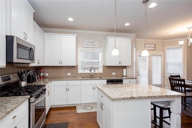 637 Little Bear Loop, Canton, GA 30114 - kitchen with appliances with stainless steel finishes, a sink, dark wood-type flooring, ornamental molding, and healthy amount of natural light