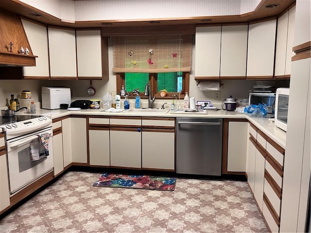 kitchen featuring a sink, light floors, stainless steel dishwasher, light countertops, and white range with electric stovetop