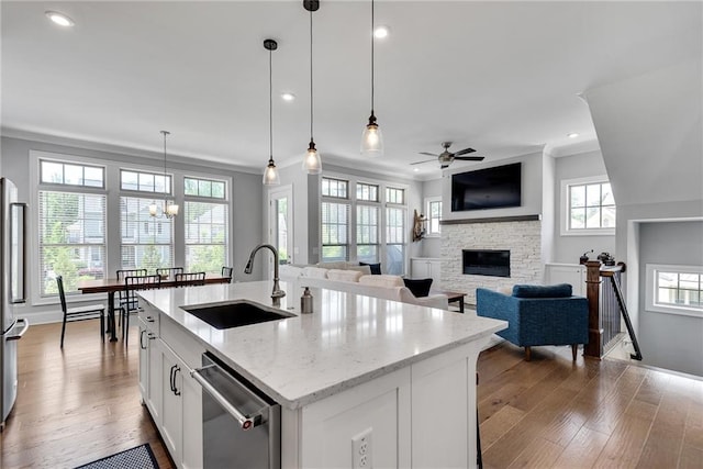 3108 Huntington Pl, Milton, GA 30004 - kitchen featuring a sink, appliances with stainless steel finishes, a stone fireplace, a ceiling fan, and wood finished floors