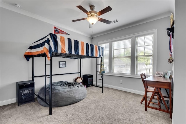3108 Huntington Pl, Milton, GA 30004 - carpeted bedroom with baseboards, a ceiling fan, and ornamental molding
