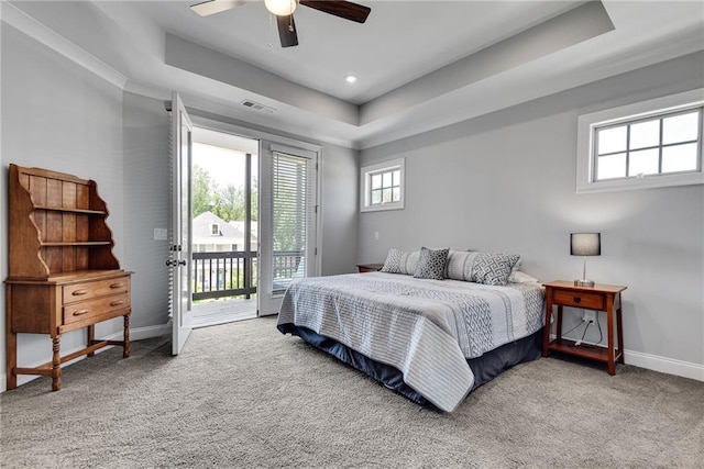 3108 Huntington Pl, Milton, GA 30004 - bedroom with a tray ceiling, access to exterior, baseboards, carpet flooring, and recessed lighting