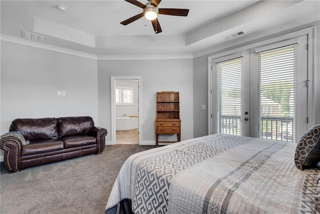 3108 Huntington Pl, Milton, GA 30004 - carpeted bedroom featuring access to exterior, a tray ceiling, connected bathroom, baseboards, and a ceiling fan