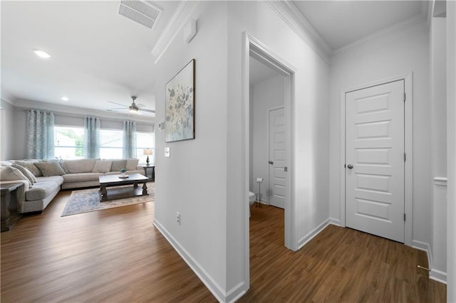 22 Mossy Oaks Ln NE, Rome, GA 30165 - hall with ornamental molding, dark wood finished floors, baseboards, and recessed lighting