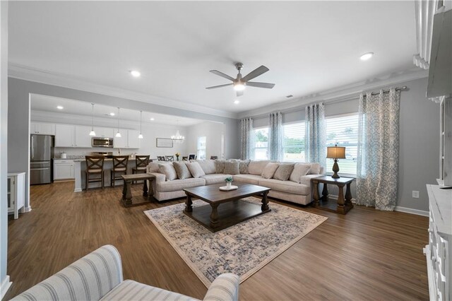 22 Mossy Oaks Ln NE, Rome, GA 30165 - living area with crown molding, a ceiling fan, dark wood-style floors, recessed lighting, and baseboards