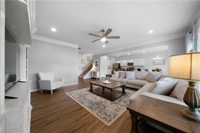 22 Mossy Oaks Ln NE, Rome, GA 30165 - living room with crown molding, a ceiling fan, dark wood-style floors, stairs, and recessed lighting