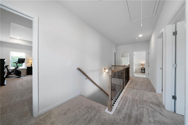 22 Mossy Oaks Ln NE, Rome, GA 30165 - hall with an upstairs landing, attic access, carpet flooring, baseboards, and recessed lighting