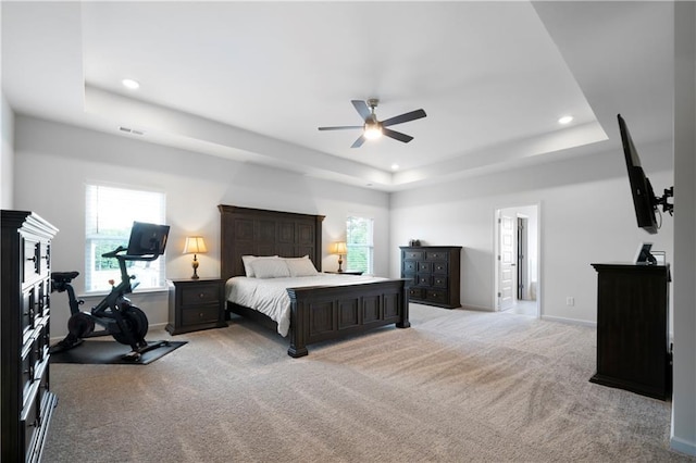 22 Mossy Oaks Ln NE, Rome, GA 30165 - bedroom with a raised ceiling, light colored carpet, recessed lighting, baseboards, and ceiling fan