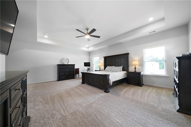 22 Mossy Oaks Ln NE, Rome, GA 30165 - bedroom with a raised ceiling, recessed lighting, baseboards, light carpet, and a ceiling fan