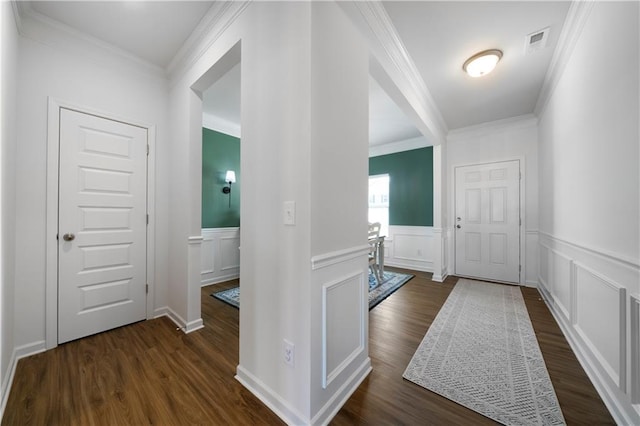 22 Mossy Oaks Ln NE, Rome, GA 30165 - corridor with ornamental molding, dark wood-style flooring, a wainscoted wall, and a decorative wall