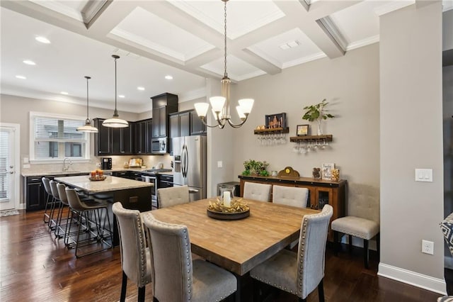 dining space featuring dark wood-style floors, beam ceiling, visible vents, coffered ceiling, and baseboards