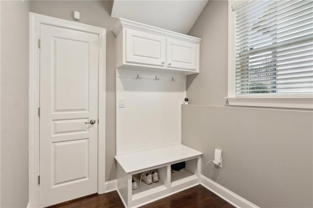 mudroom with dark wood finished floors and baseboards