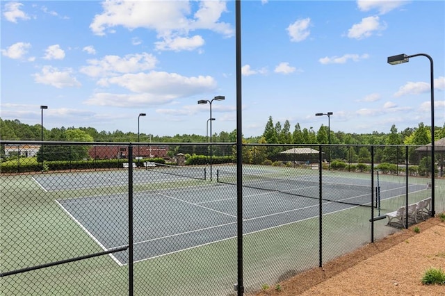 view of tennis court with fence