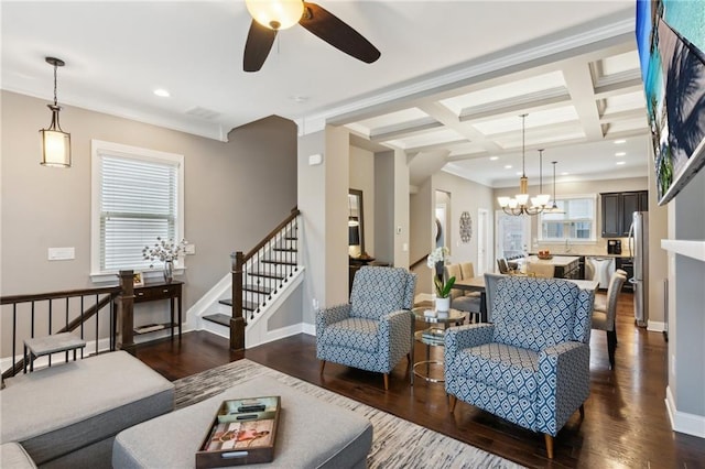 living room with plenty of natural light, coffered ceiling, and dark wood-type flooring