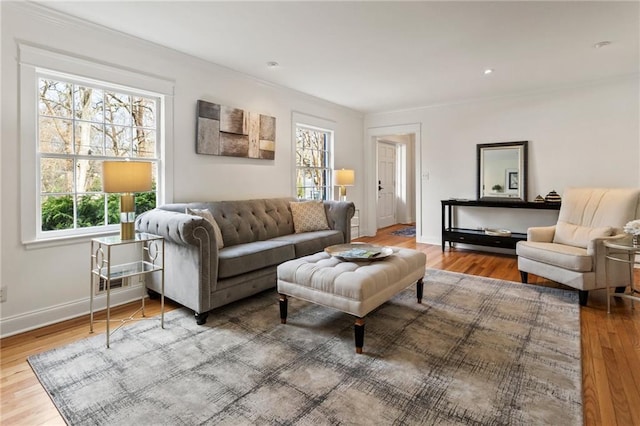 living area featuring baseboards and wood finished floors