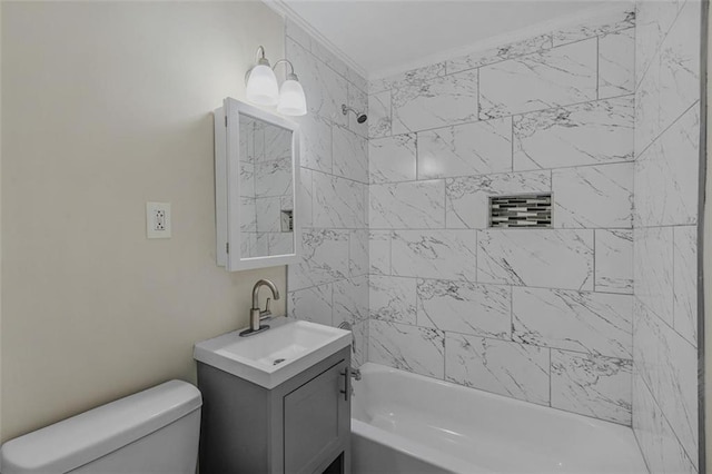 bathroom featuring toilet,  shower combination, and vanity