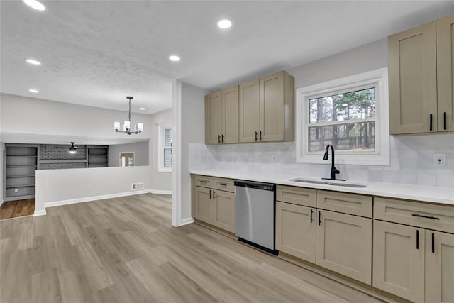 kitchen with visible vents, a sink, light countertops, stainless steel dishwasher, and light wood-type flooring