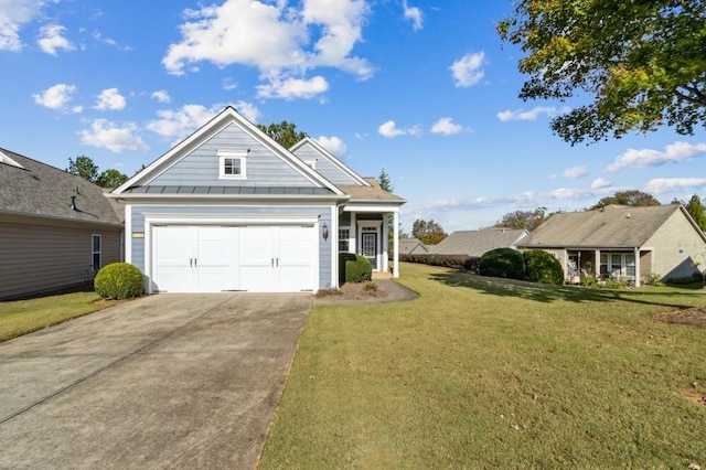 view of front of home featuring a standing seam roof, concrete driveway, metal roof, and a front lawn