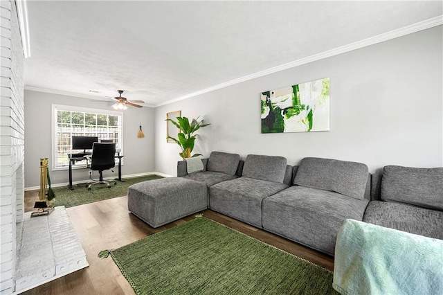 4131 N Gloucester Pl, Atlanta, GA 30341 - living room featuring ornamental molding, wood finished floors, a ceiling fan, an office area, and baseboards