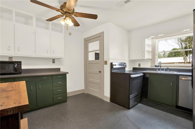 kitchen featuring electric range, visible vents, dark countertops, black microwave, and dishwasher