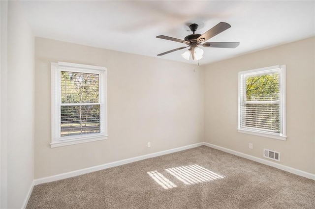 spare room with carpet flooring, a wealth of natural light, and ceiling fan