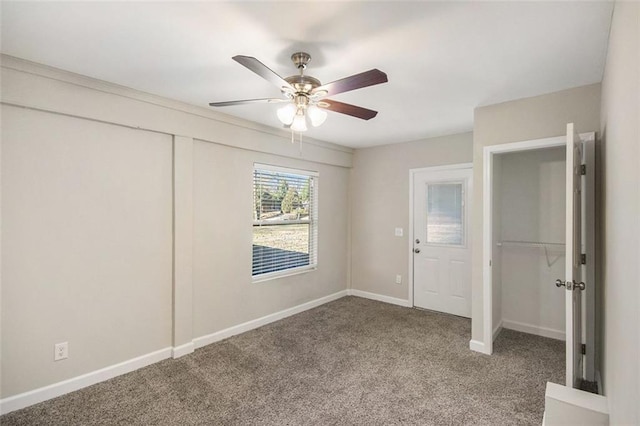 unfurnished bedroom with carpet and ceiling fan