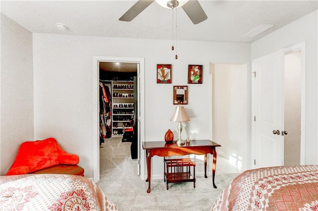 carpeted bedroom with ceiling fan, a closet, and a walk in closet