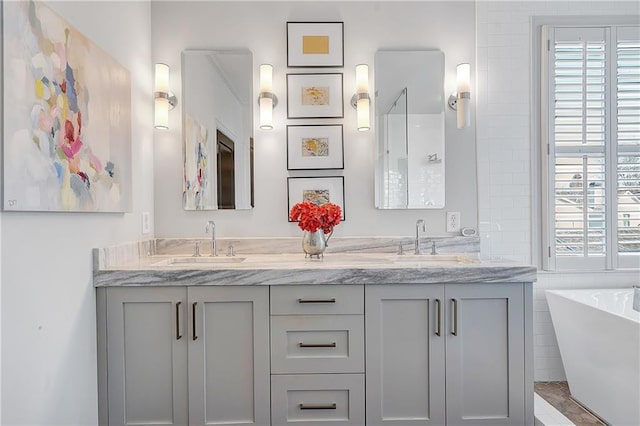 bathroom with vanity and a washtub