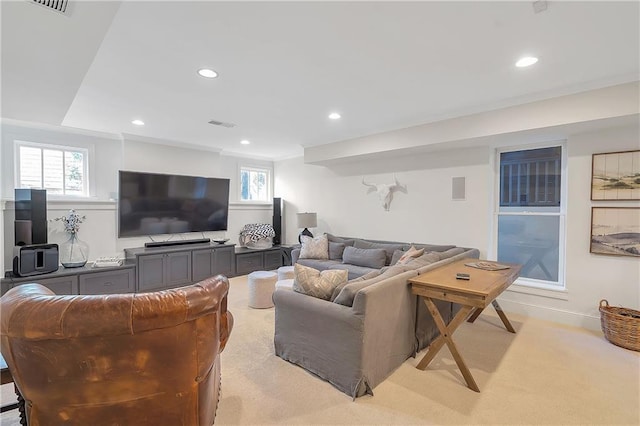 living room with light colored carpet