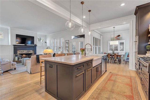 kitchen featuring sink, dark brown cabinetry, ornamental molding, an island with sink, and light wood-type flooring