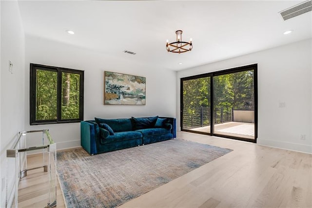 living room featuring wood-type flooring and a healthy amount of sunlight