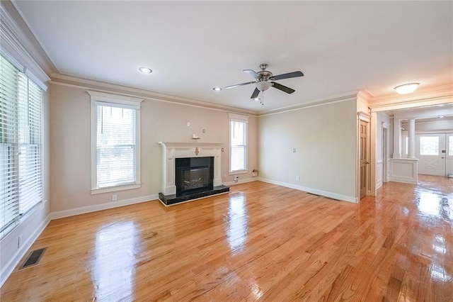 3416 Harrison Rd, Atlanta, GA 30344 - unfurnished living room featuring ornamental molding, a ceiling fan, light wood finished floors, baseboards, and recessed lighting