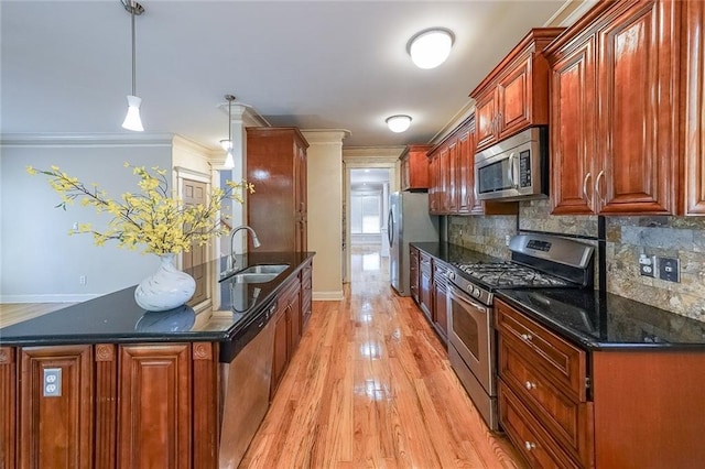 3416 Harrison Rd, Atlanta, GA 30344 - kitchen with stainless steel appliances, a sink, light wood-type flooring, tasteful backsplash, and ornamental molding