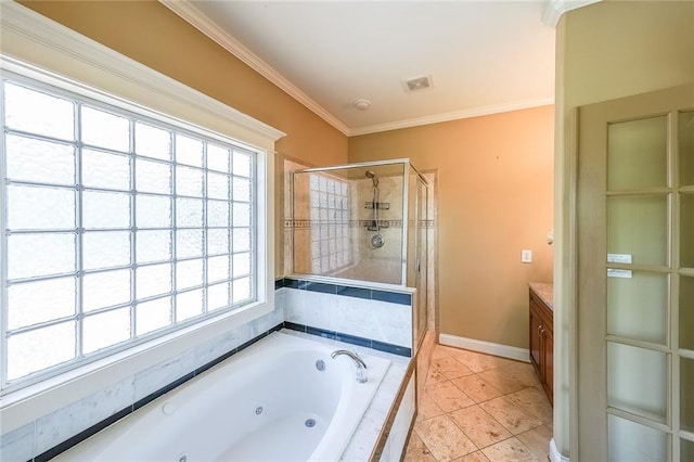 3416 Harrison Rd, Atlanta, GA 30344 - bathroom featuring a stall shower, vanity, a tub with jets, crown molding, and baseboards