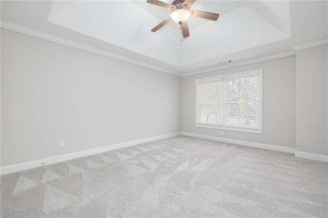 spare room with a raised ceiling, light carpet, and crown molding
