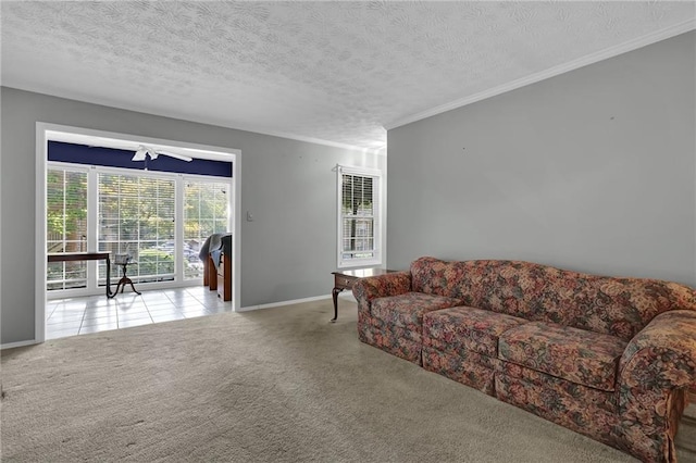 carpeted living room with crown molding and a textured ceiling