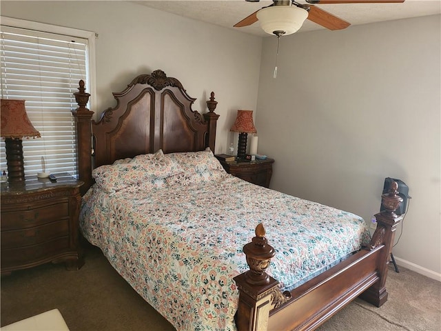 bedroom with light colored carpet and ceiling fan