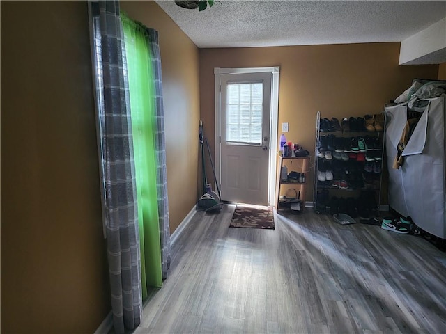 entryway featuring wood-type flooring and a textured ceiling