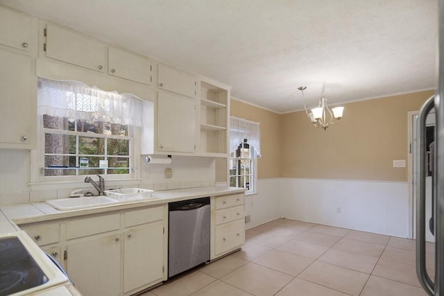 kitchen with stainless steel dishwasher, sink, a chandelier, hanging light fixtures, and light tile patterned flooring