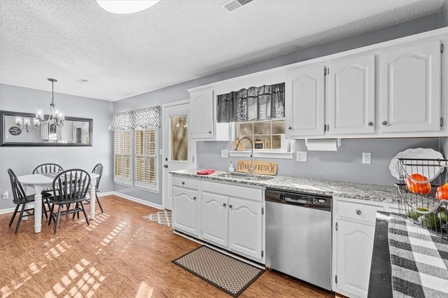 kitchen with sink, white cabinetry, stainless steel dishwasher, and a textured ceiling