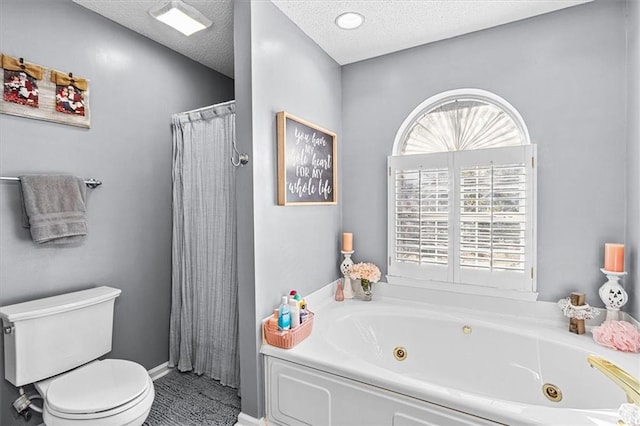 bathroom featuring a textured ceiling, toilet, and plus walk in shower