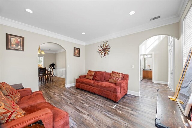 living room with crown molding and wood-type flooring