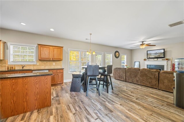 kitchen featuring light hardwood / wood-style flooring, a wealth of natural light, and tasteful backsplash