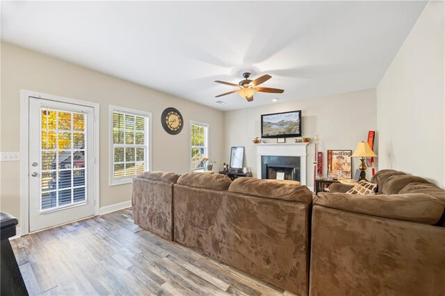 living room with hardwood / wood-style flooring and ceiling fan