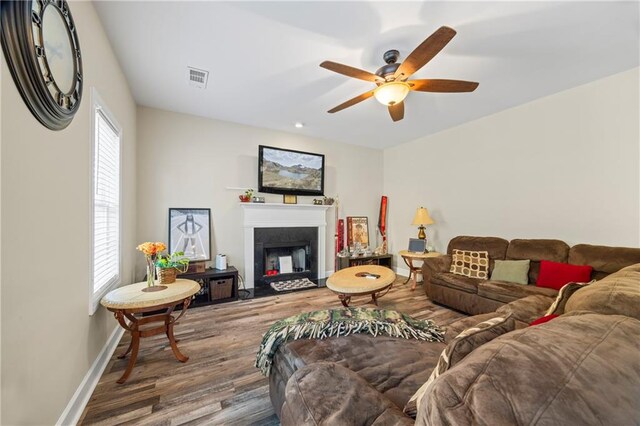 living room featuring ceiling fan and hardwood / wood-style flooring